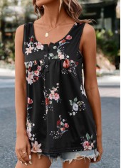 Floral Print Ruched Black Scoop Neck Tank Top
