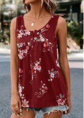 Floral Print Ruched Red Scoop Neck Tank Top