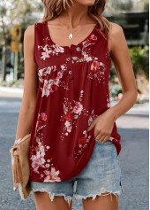 Floral Print Ruched Red Scoop Neck Tank Top