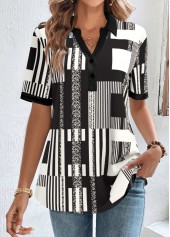 Geometric Print Button Black Short Sleeve Shirt Collar Blouse