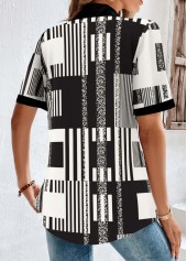 Geometric Print Button Black Short Sleeve Shirt Collar Blouse