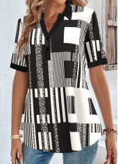 Geometric Print Button Black Short Sleeve Shirt Collar Blouse