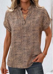 Geometric Print Split Light Coffee Short Sleeve Blouse