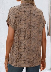 Geometric Print Split Light Coffee Short Sleeve Blouse