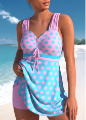 Mid Waisted Polka Dot Criss Cross Pink Swimdress Set