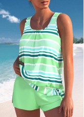 Mid Waisted Multi Stripe Print Bowknot Tankini Set