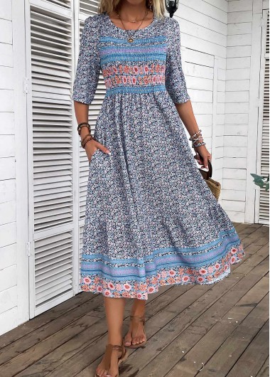 Ditsy Floral Print Smocked Blue Round Neck Dress 36$
