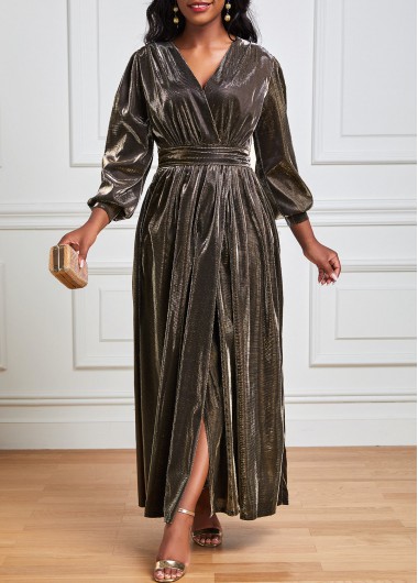 Surplice V Neck Dark Coffee Maxi Dress