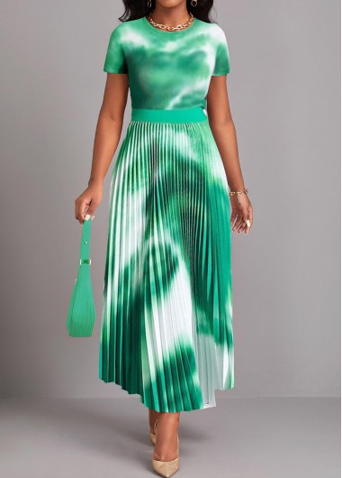 Tie Dye Print Pleated Green Maxi Dress 10$