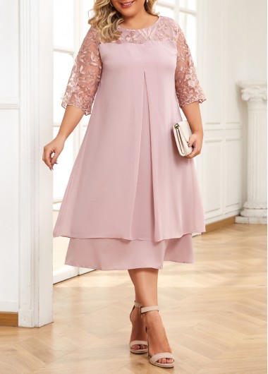 Layered Light Pink A Line 3/4 Sleeve Dress