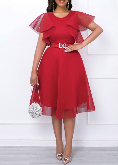 Mesh V Neck Short Sleeve Red Dress 36$