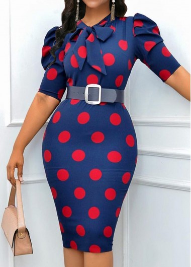 Polka Dot Bowknot Navy Bodycon Dress 36$