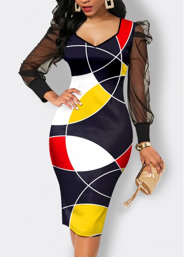 Geometric Print Mesh Multi Color Bodycon Dress 21$