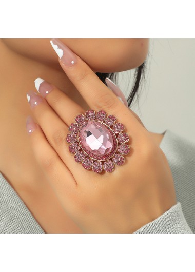 Rosewe Stylish Pink Hot Drilling Oval Design Ring - One Size