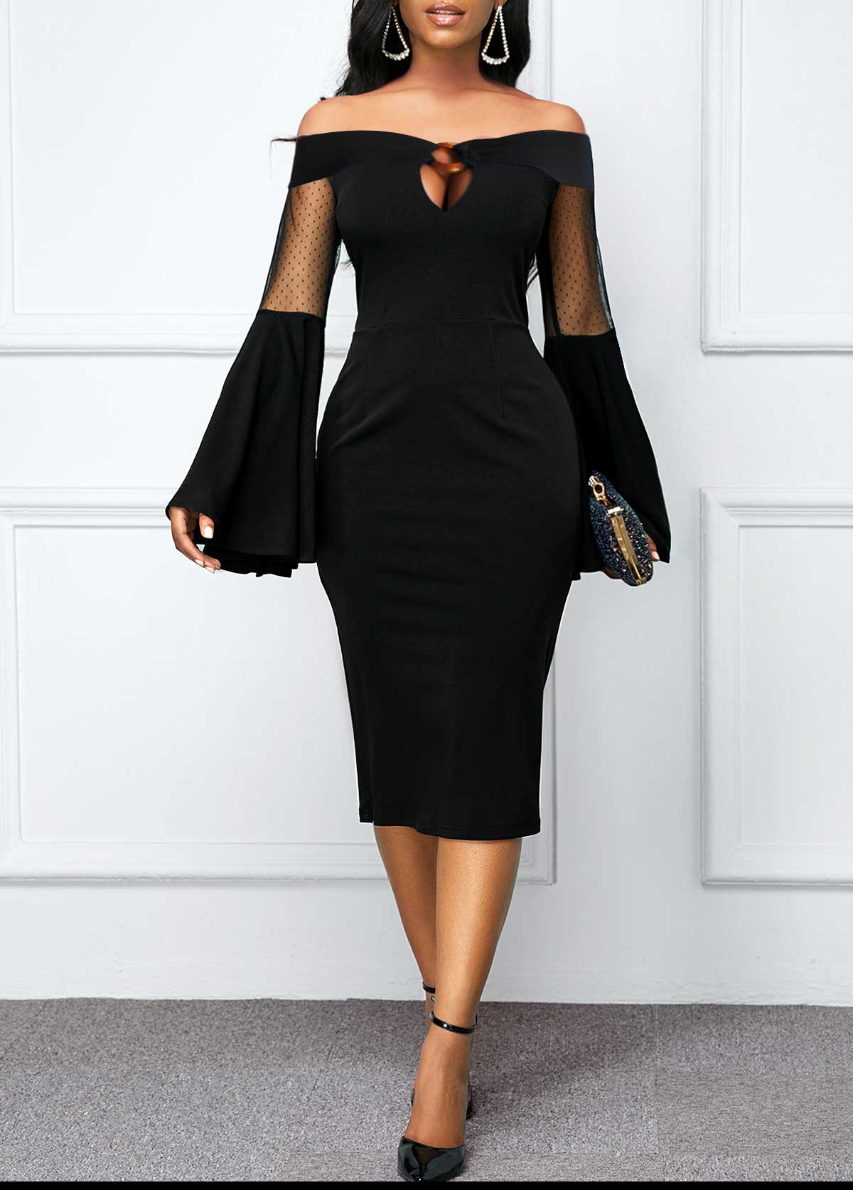 Off Shoulder Flare Sleeve Black Mesh Dress | Rosewe.com - USD $32.98