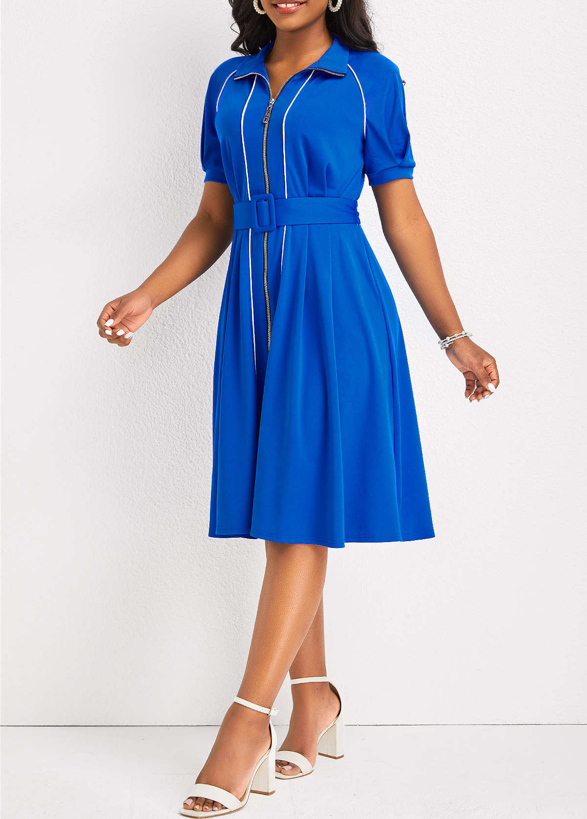 Royal Blue H Shape Shirt Zipper Collar Dress USD 33.28