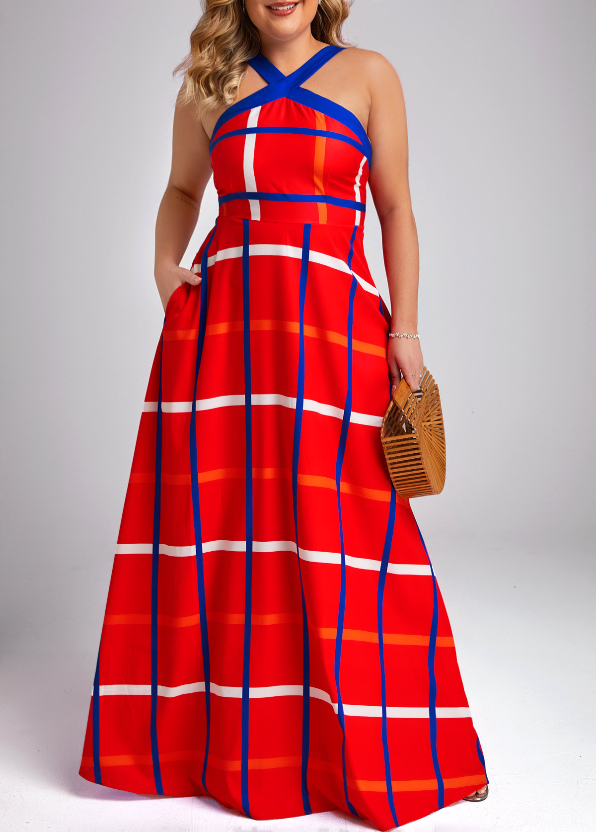 Red Plus Size Pocket Plaid Sleeveless Maxi Dress