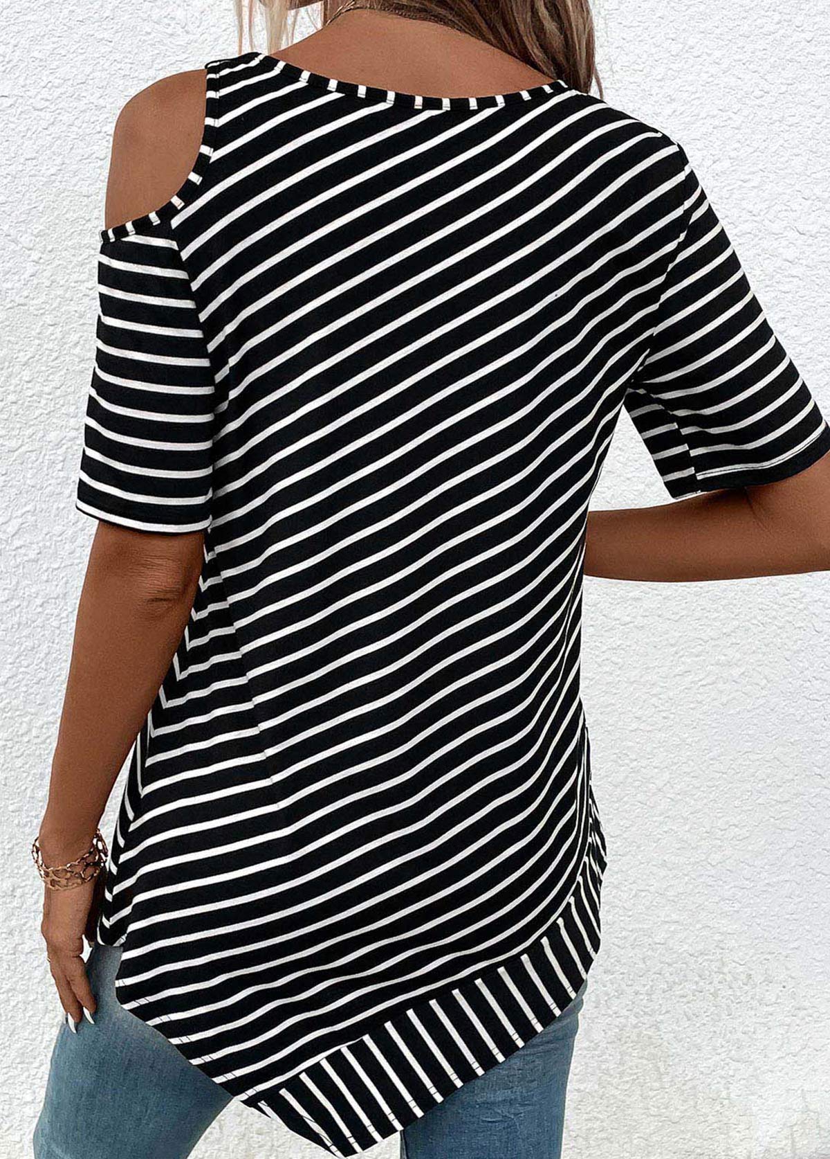 Striped Asymmetrical Neck Black T Shirt