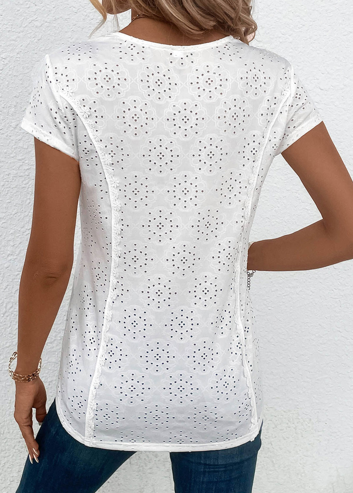 Short Sleeve Patchwork White Scoop Neck T Shirt