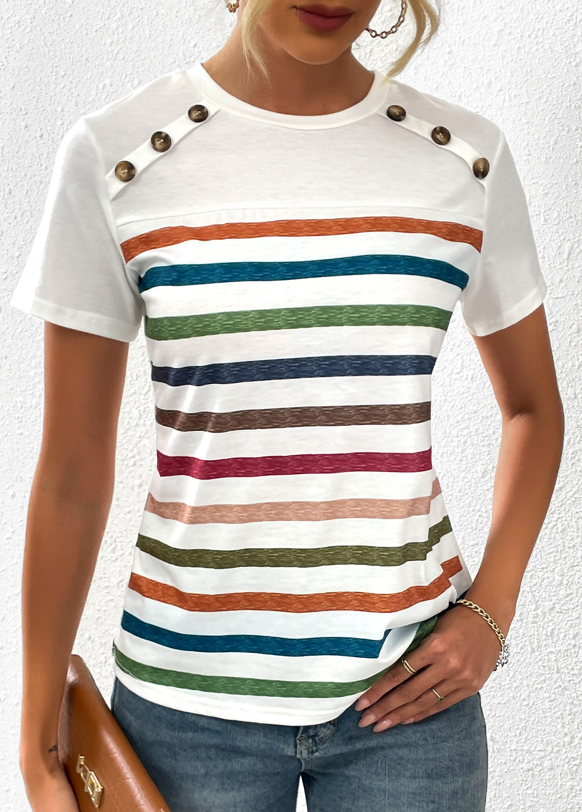 Striped Button White Round Neck T Shirt