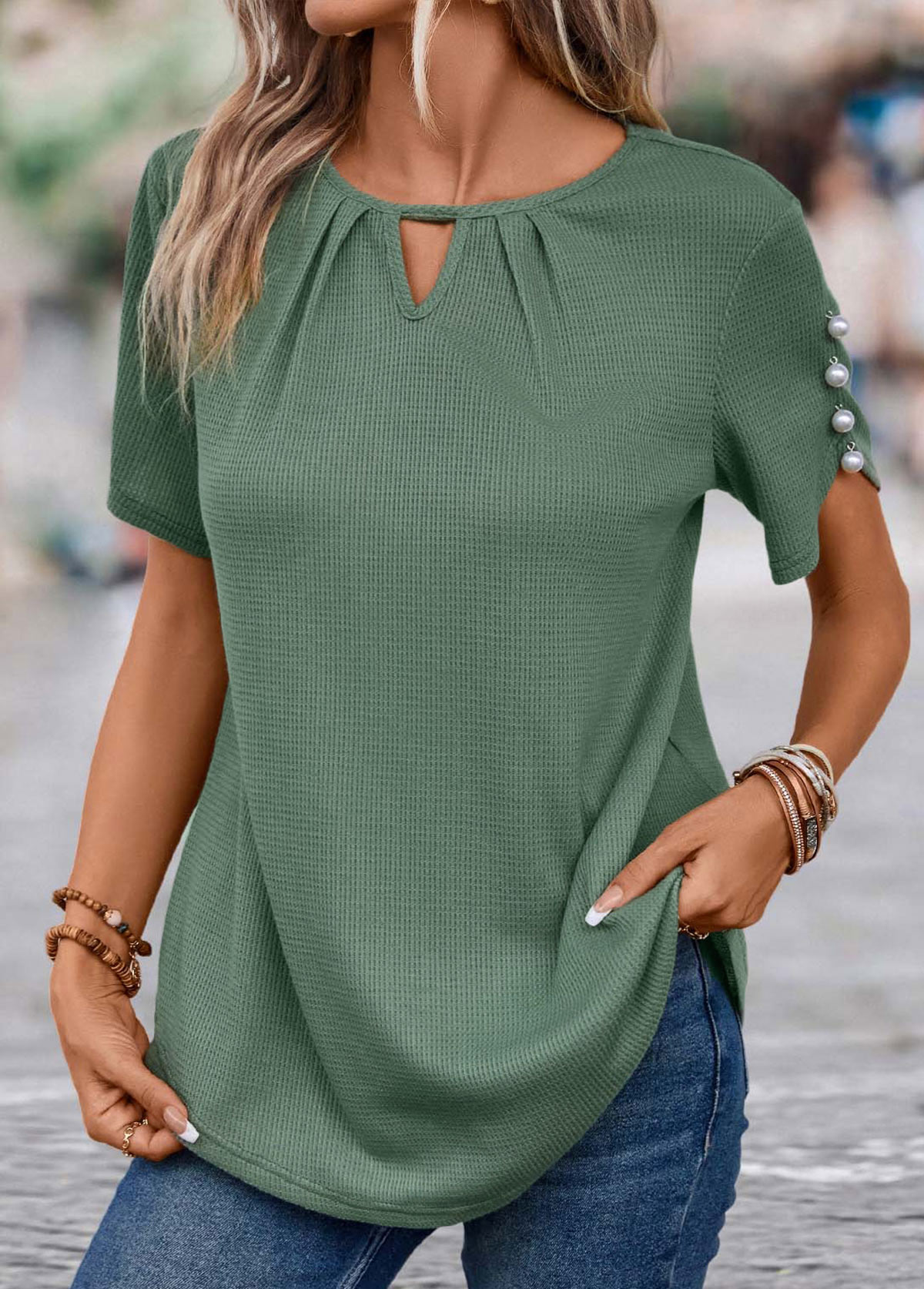Cut Out Round Neck Sage Green T Shirt