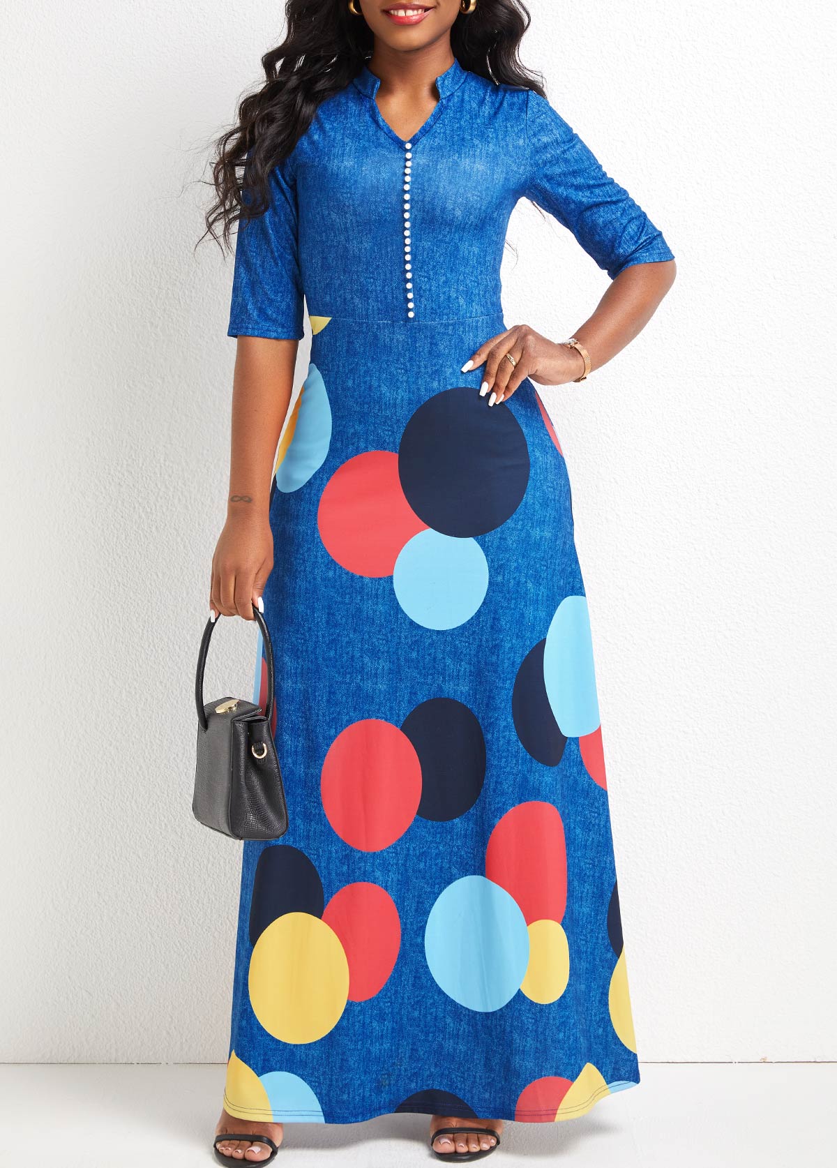 Geometric Print Button Denim Blue Maxi Dress