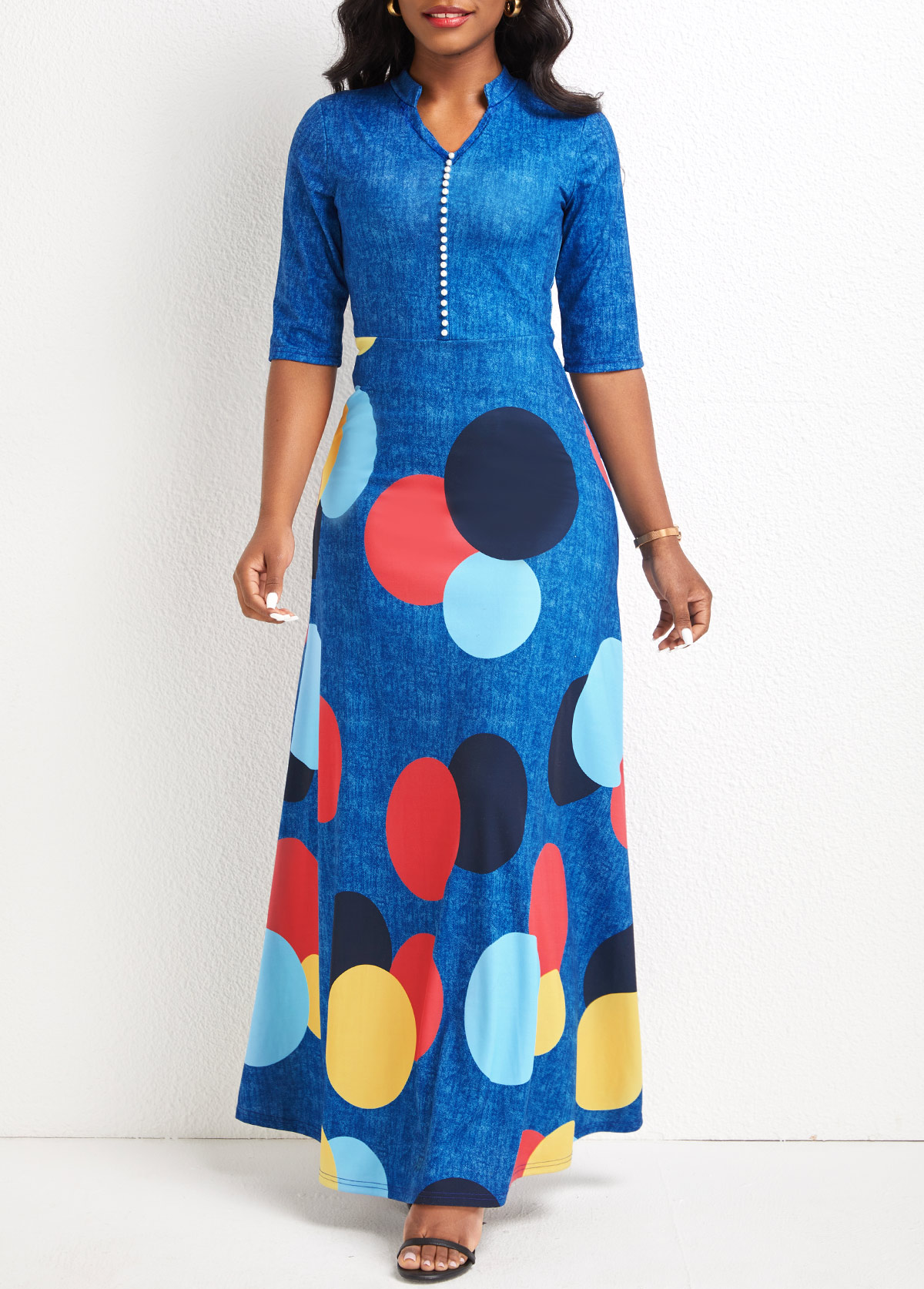Geometric Print Button Denim Blue Maxi Dress