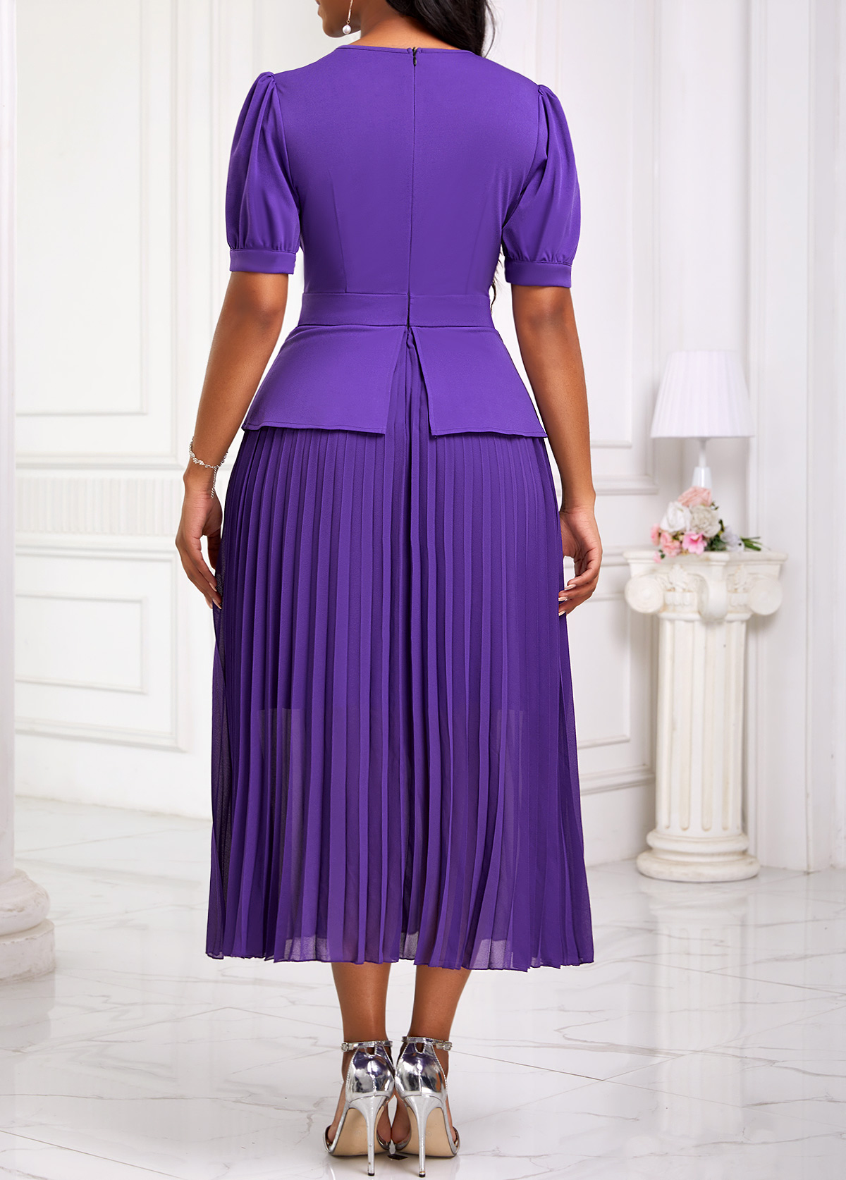 Half Sleeve Pleated Purple V Neck Dress