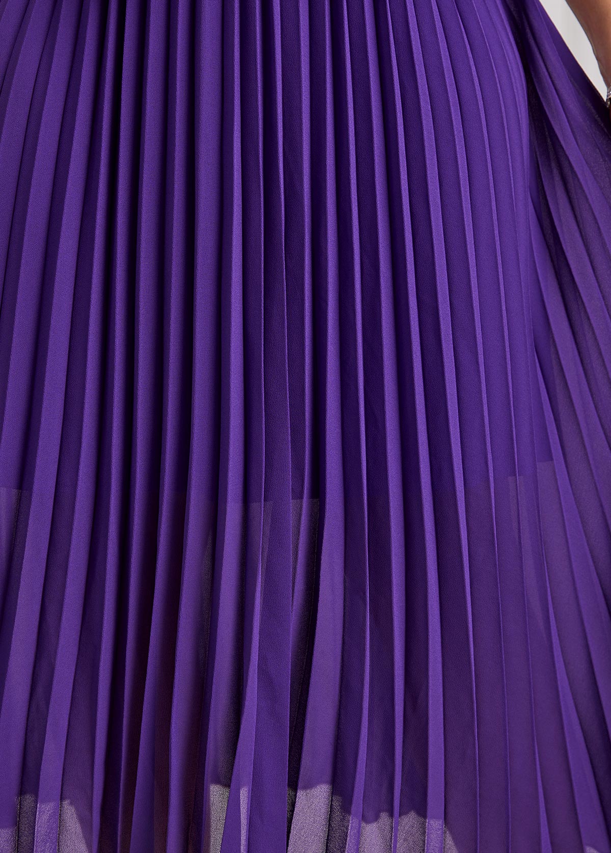 Half Sleeve Pleated Purple V Neck Dress