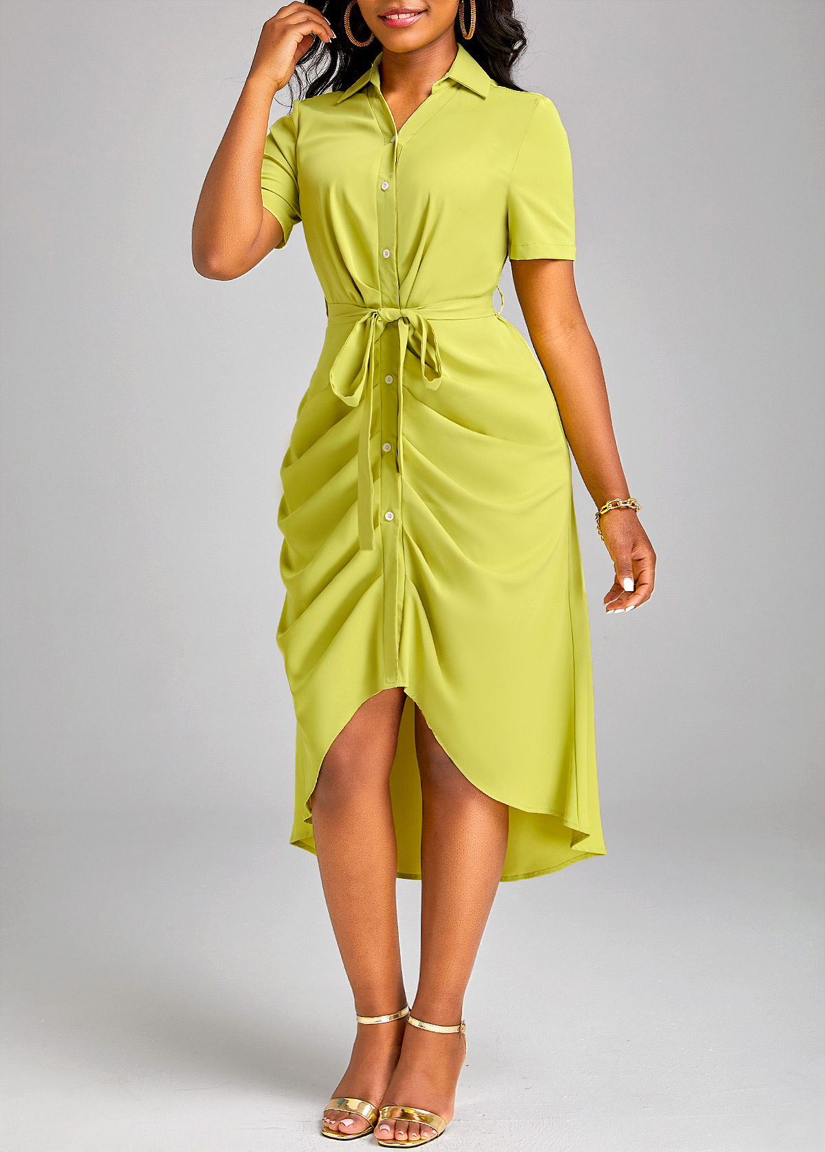 Ruched Belted Avocado Green High Low Dress