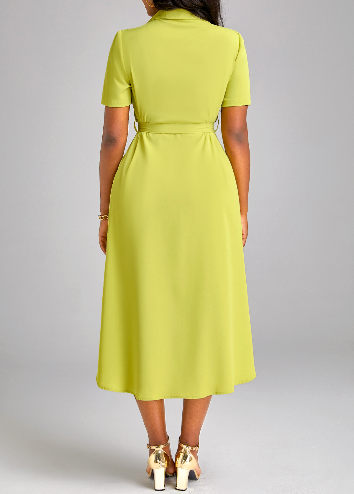 Ruched Belted Avocado Green High Low Dress