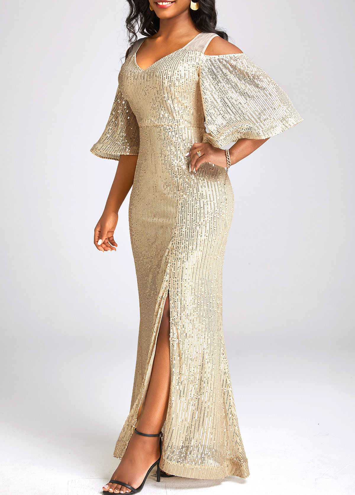 Sequin Golden V Neck Maxi Dress | Rosewe.com - USD $44.98