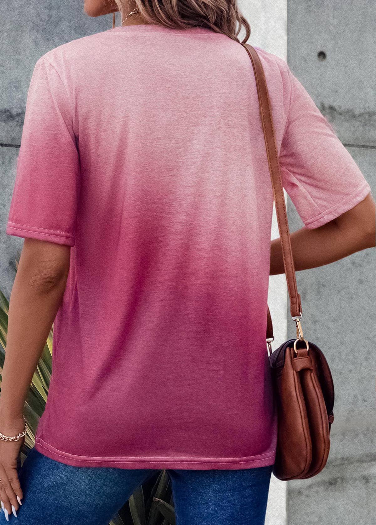 Ombre Pocket Pink Round Neck T Shirt