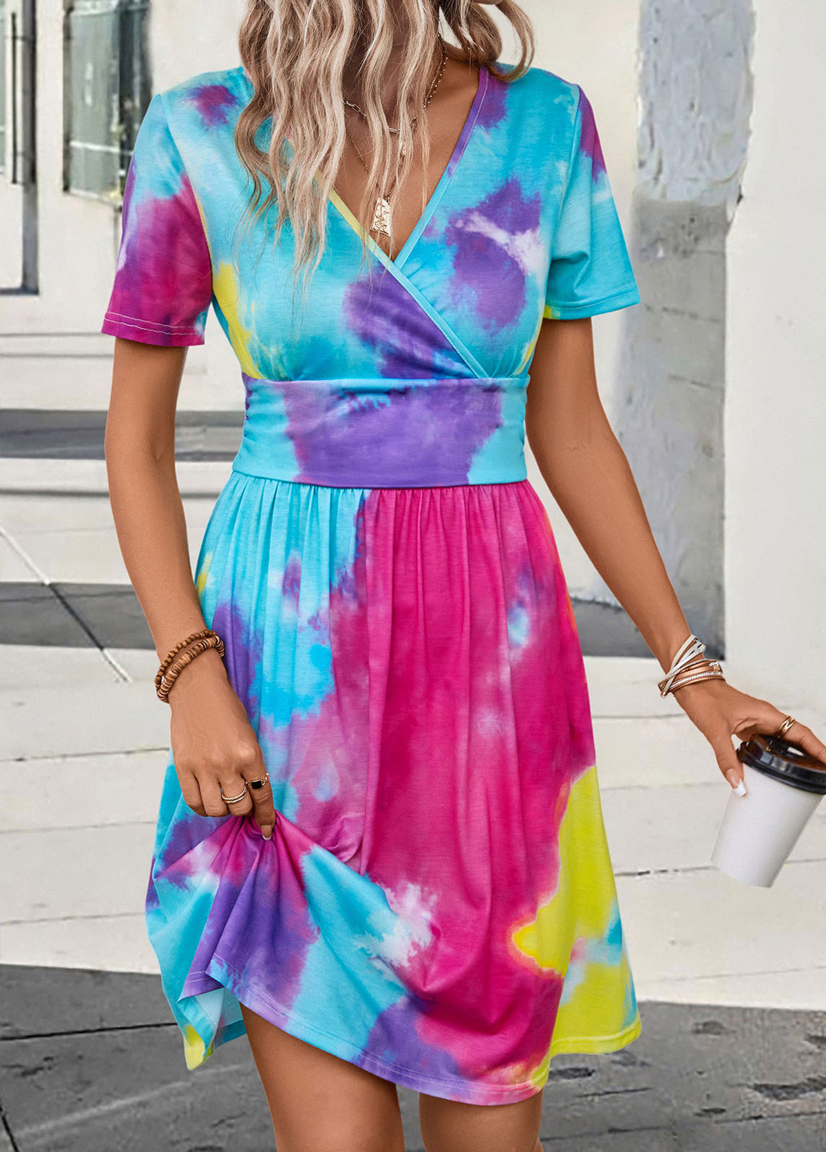 Tie Dye Print Ruched Multi Color Dress