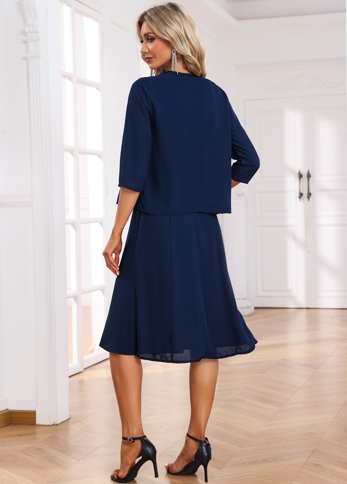 Two Piece Boat Neck Navy Dress and Cardigan