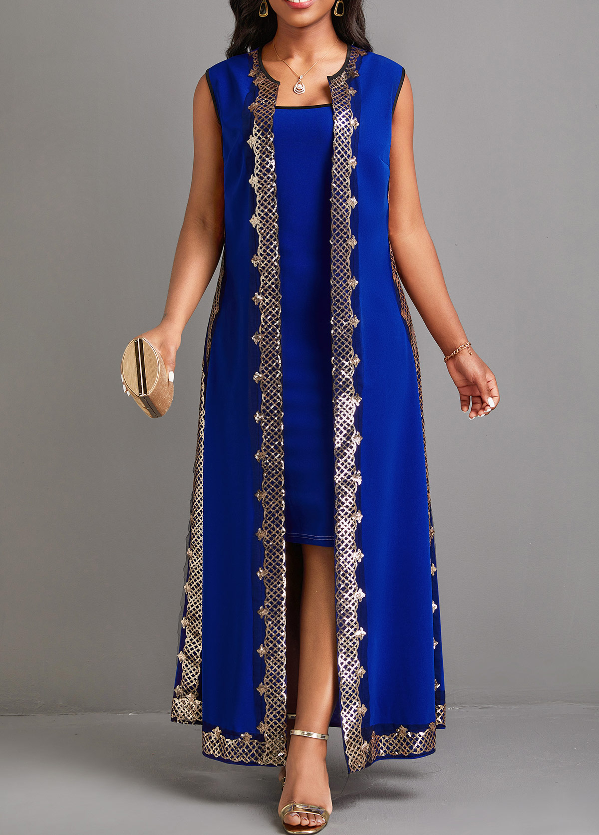 Sequin Blue Two Piece Suit Maxi Dress