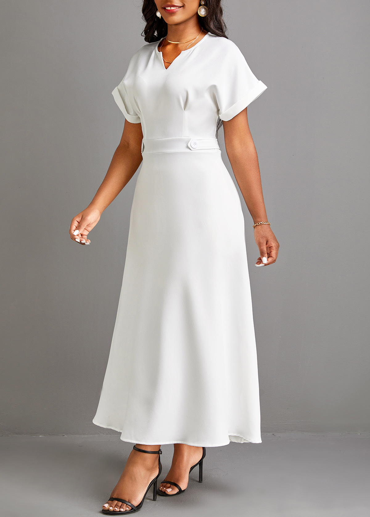 Pocket Split Neck Short Sleeve White Maxi Dress