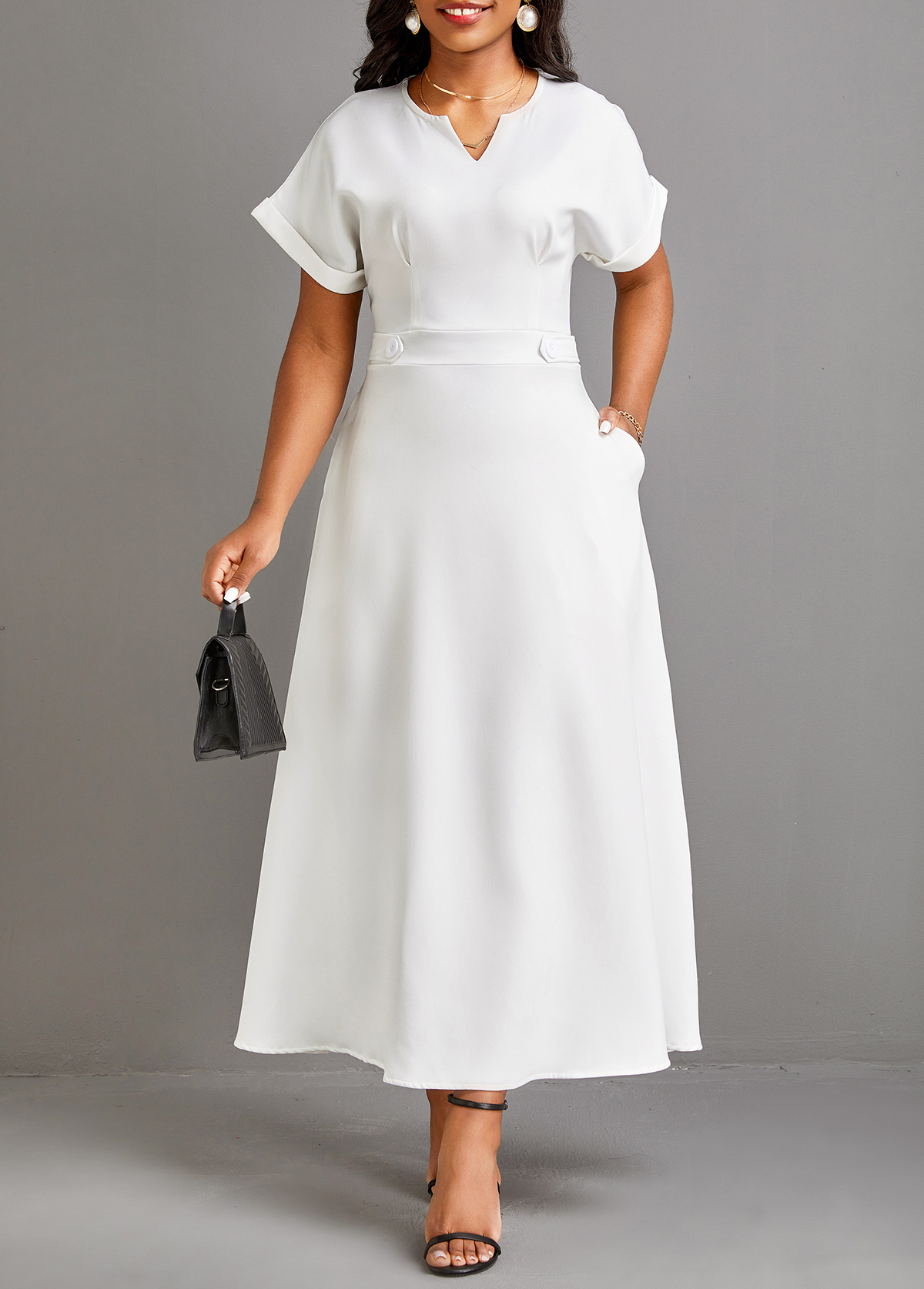 Pocket Split Neck Short Sleeve White Maxi Dress