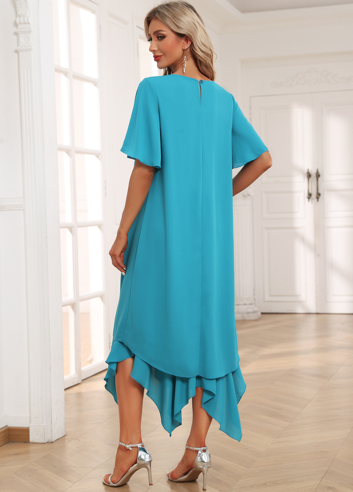 Handkerchief Hem A Line Round Neck Turquoise Dress | Rosewe.com - USD ...