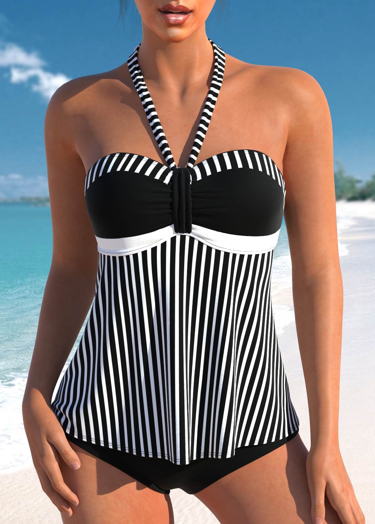Striped Patchwork Black Ruched Tankini Set