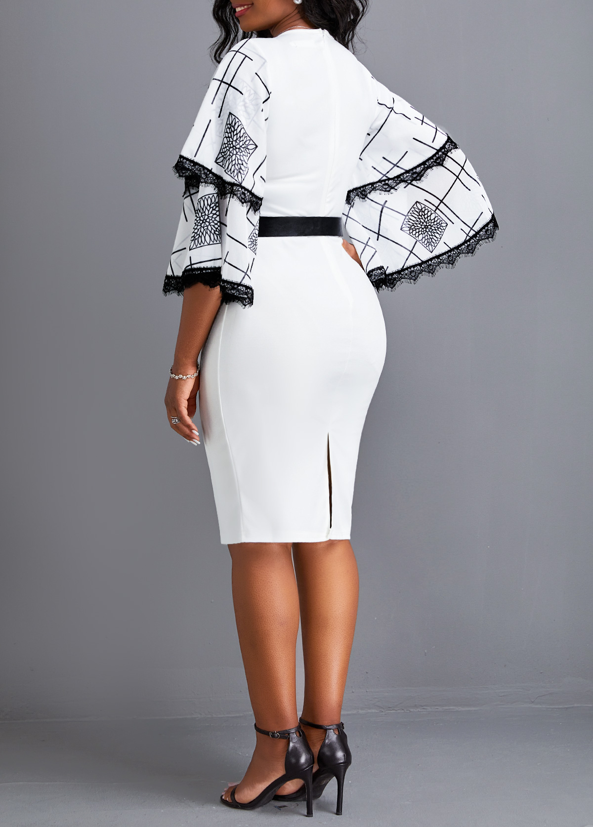 Geometric Print Lace Belted White Bodycon Dress