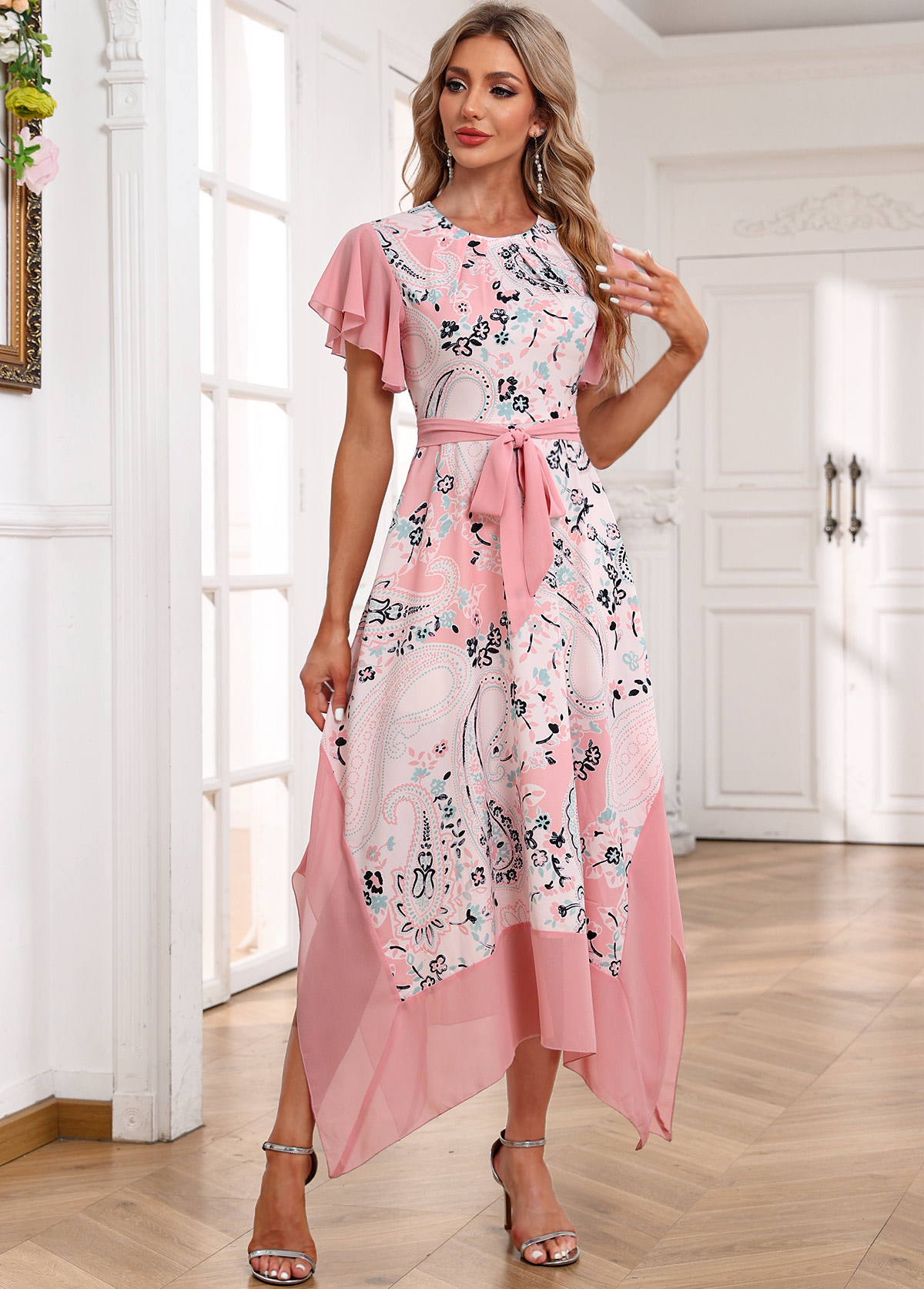 Paisley Print Handkerchief Hem Belted Light Pink Dress