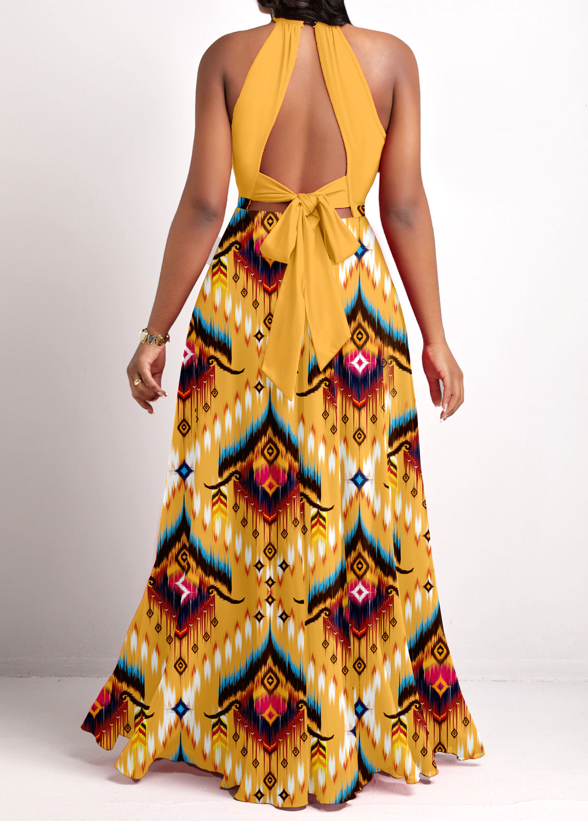 Tribal Print Cut Out Yellow Maxi Dress
