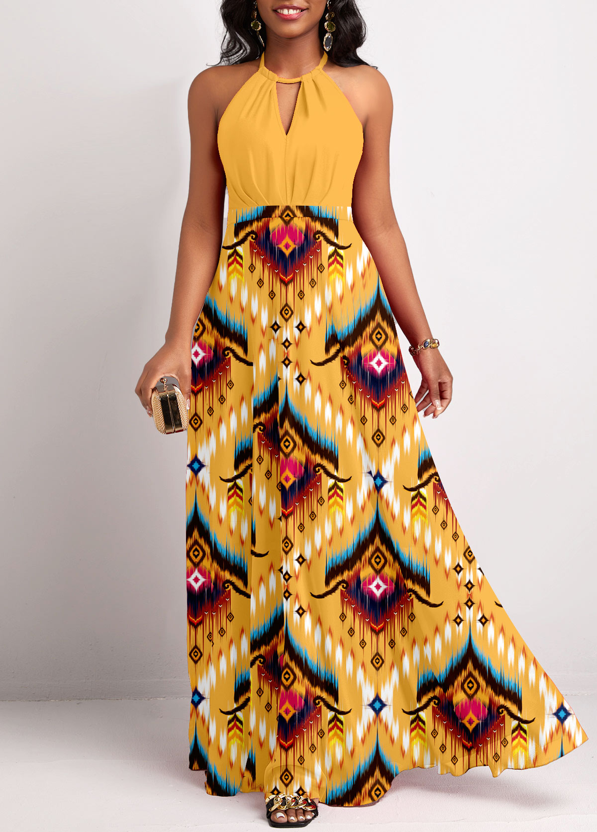 Tribal Print Cut Out Yellow Maxi Dress