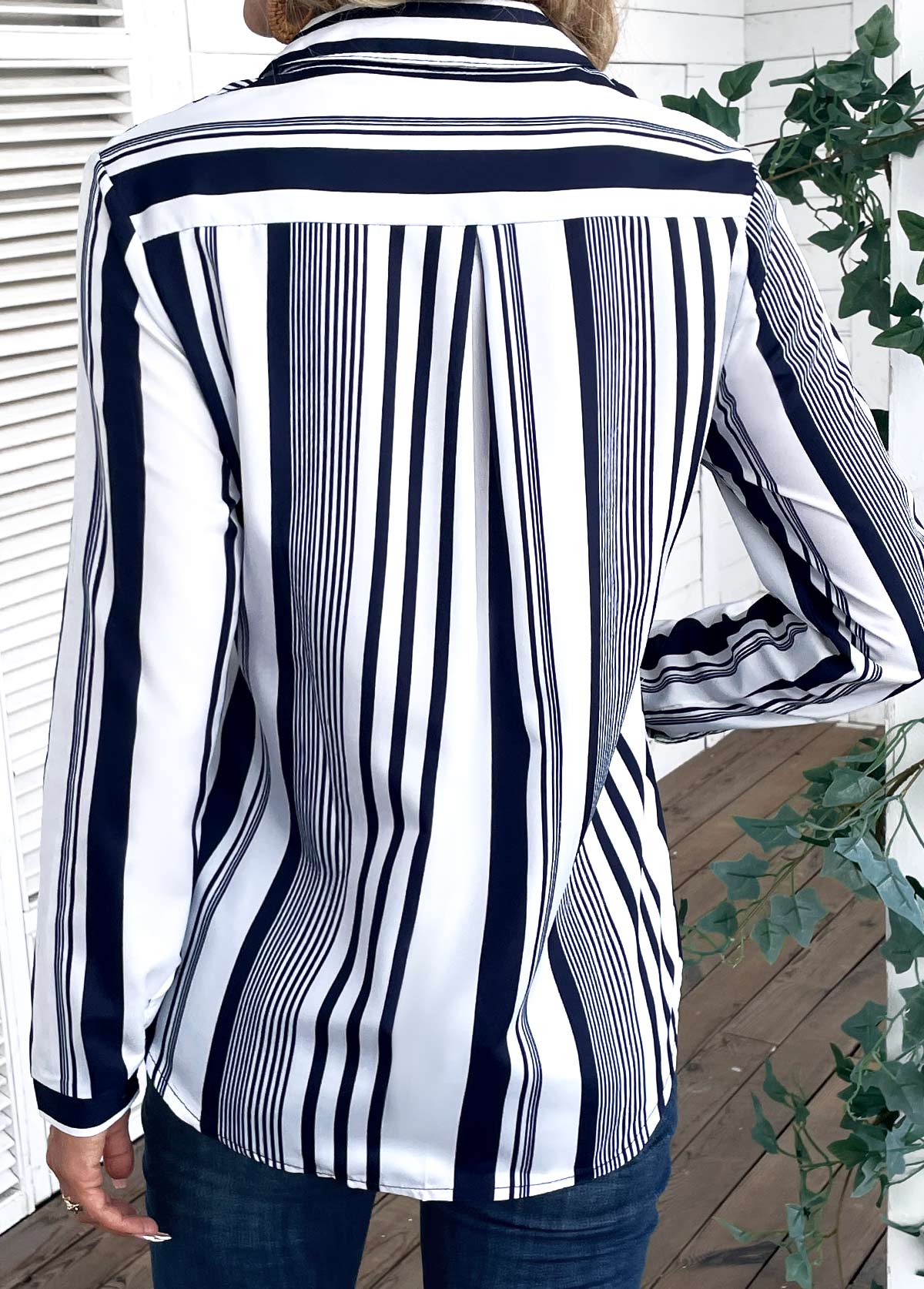 Striped Shirt Collar Long Sleeve White Blouse
