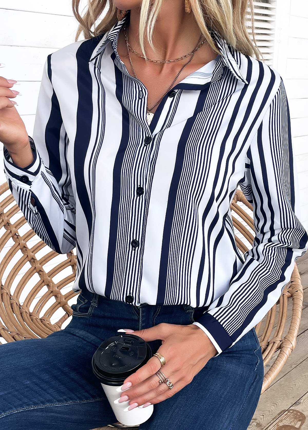 Striped Shirt Collar Long Sleeve White Blouse