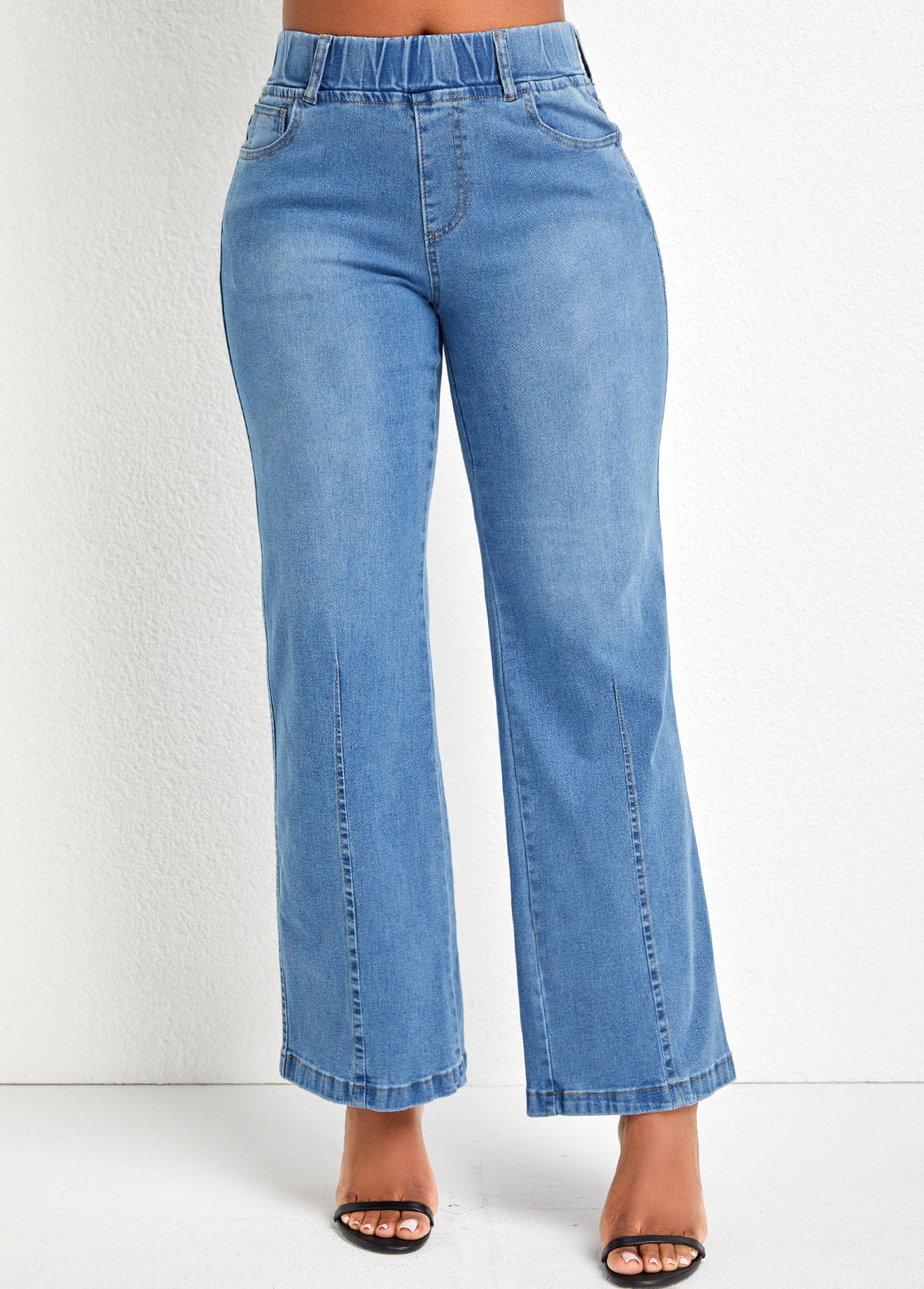 Denim Blue Flare Leg Elastic Waist Pocket Jeans