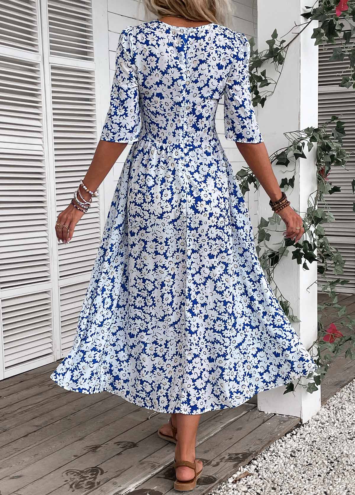 Ditsy Floral Print Smocked Blue Round Neck Dress