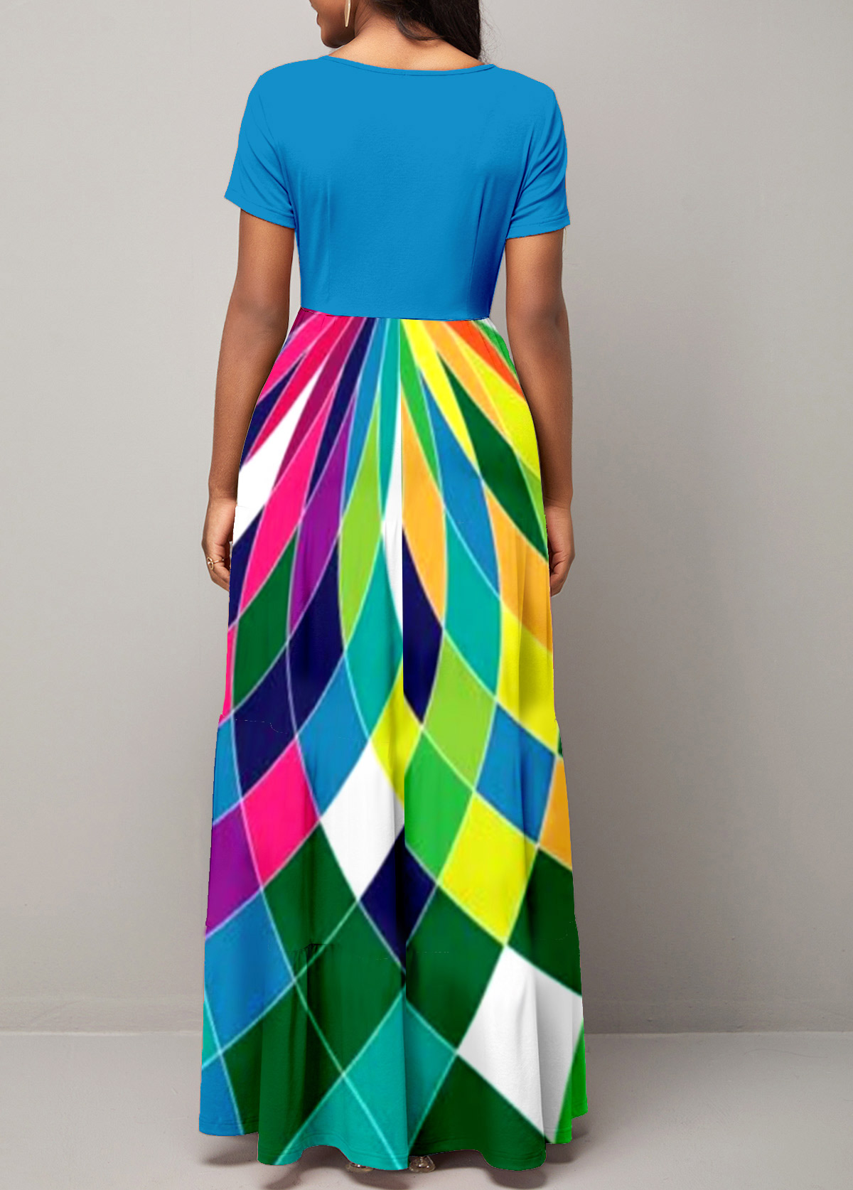 Geometric Print Umbrella Hem Blue Maxi Dress