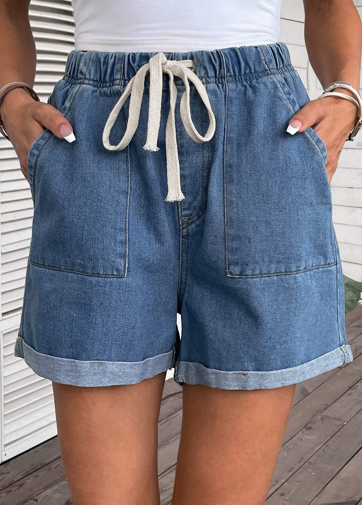 Drawastring Pocket High Waisted Denim Shorts